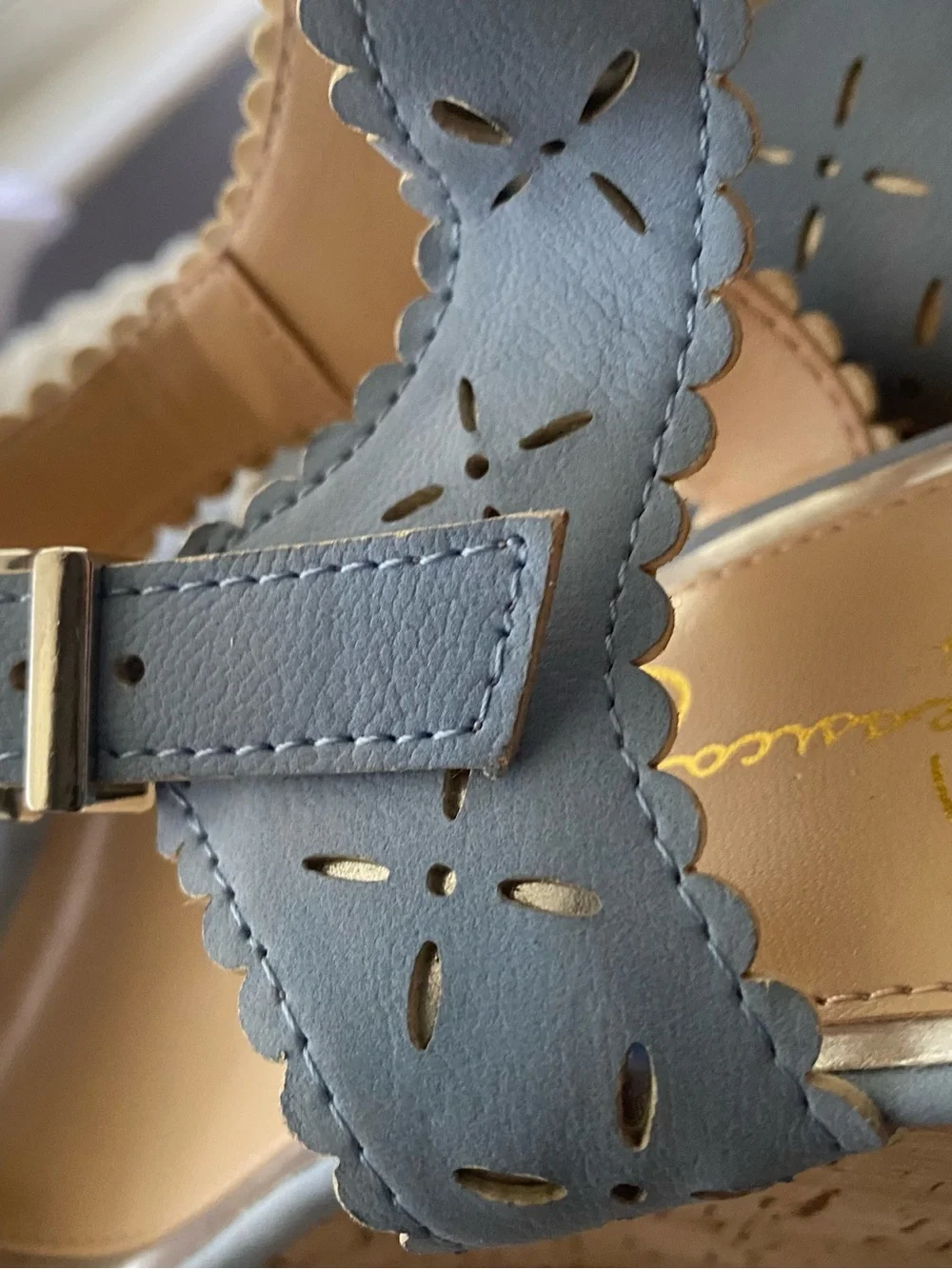 Jessica Simpson Jazziah Powder Blue Scalloped Laser Cut Cork Wedge Sandals
